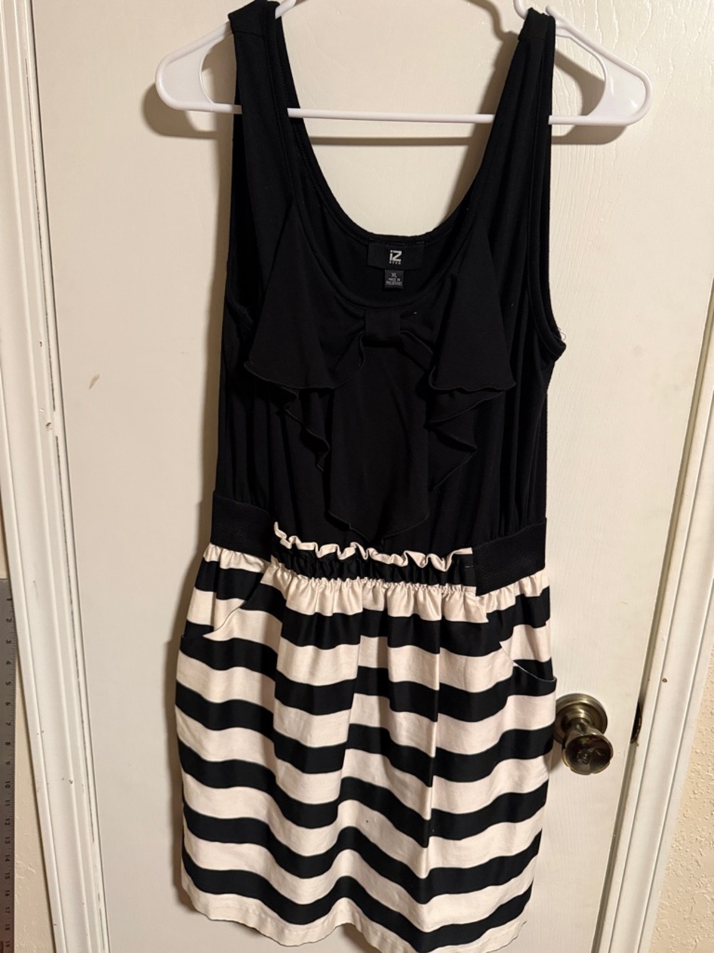 Iz Byer Black & White Striped Ruffle Midi Dress with pockets
